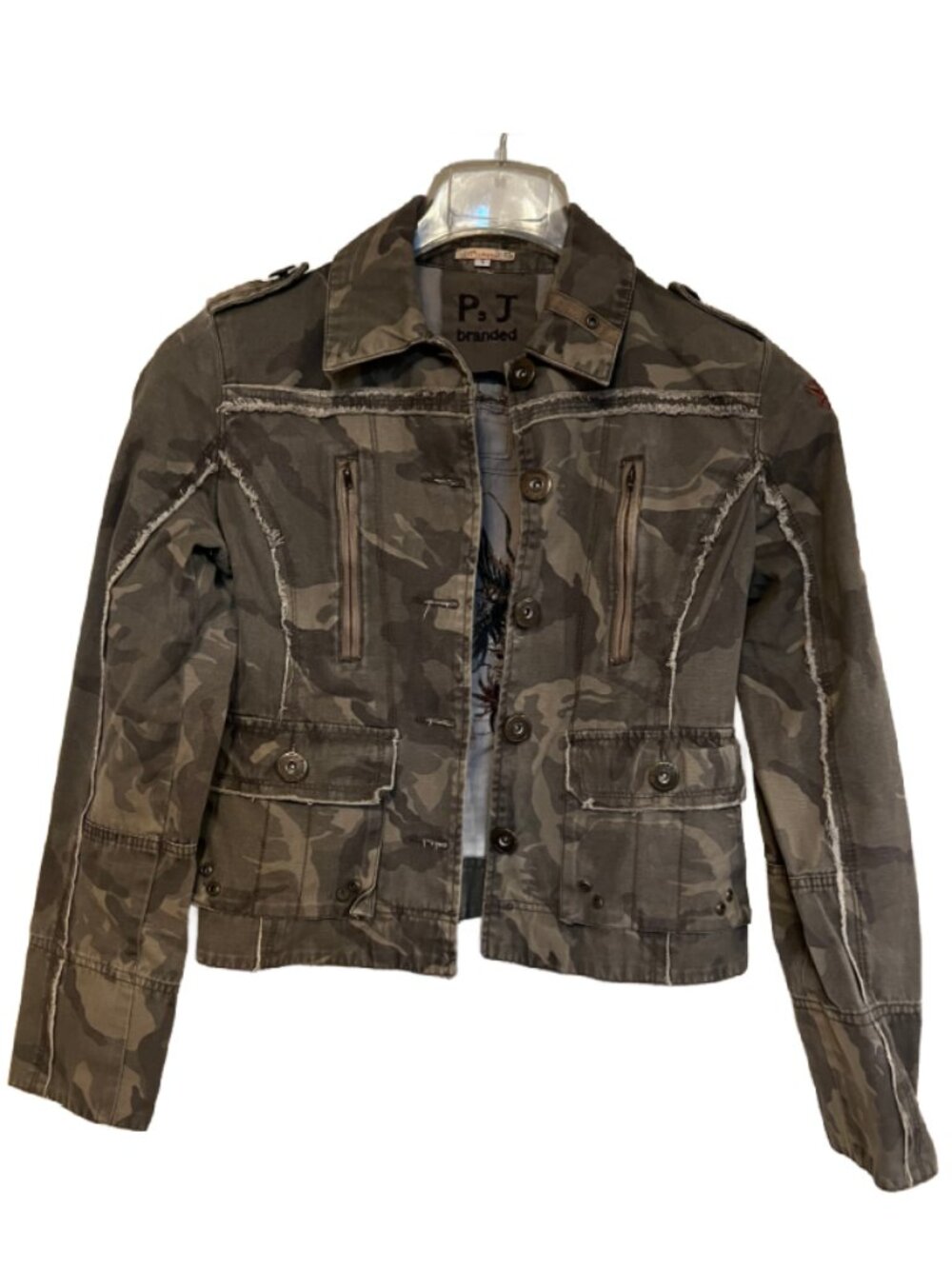 P.J. Branded Picasso Women’s Camo Military Jacket Size S Embroidered Bird ECU